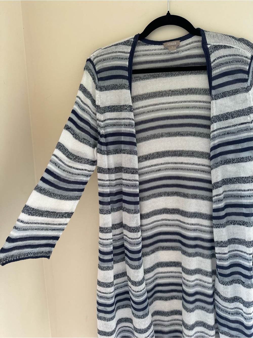 Chico’s Navy White Striped Open Front Duster Cardigan Lightweight Size 1 Medium - Picture 4 of 4